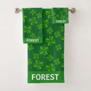 Trendy Modern Lucky Clover Leaves on Green Forest Bath Towel Set