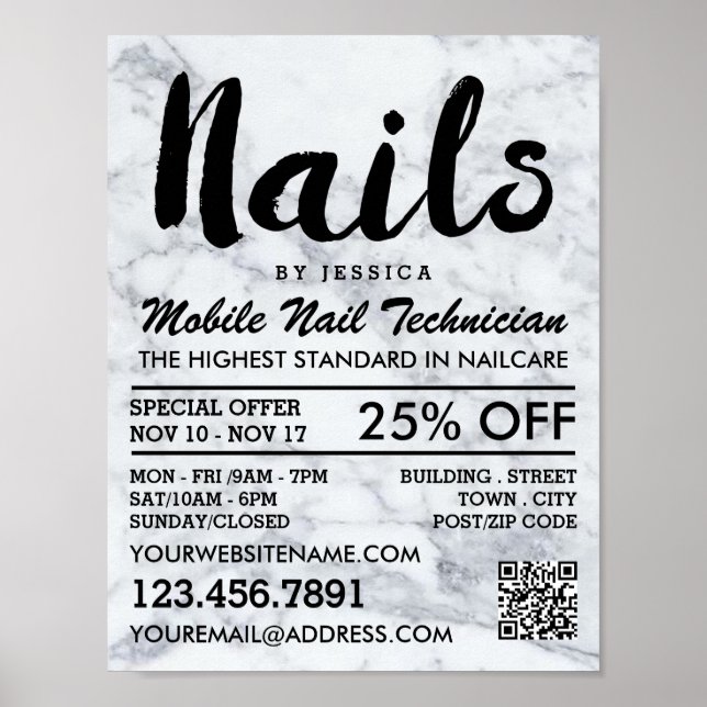 Trendy Modern Marble Nail Technician, Nail Salon Poster (Front)