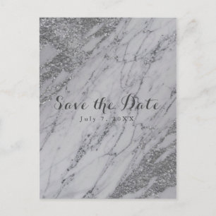 Trendy Modern Marble Silver Glam the Date Announcement Postcard