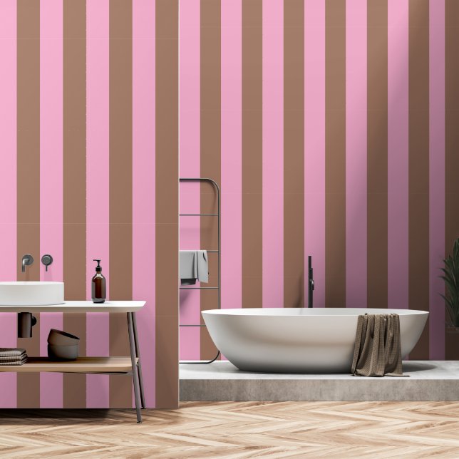 Trendy Modern Mocha Brown Pink Stripes Wallpaper (Bathroom)