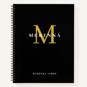 Trendy Modern Monogram Black Gold Initial Name Notebook
