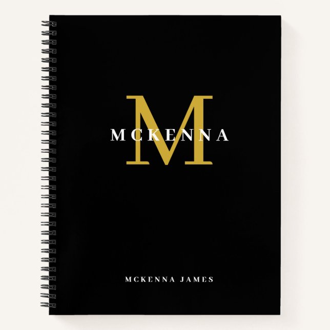 Trendy Modern Monogram Black Gold Initial Name Notebook (Front)
