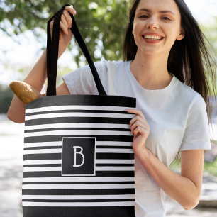 Trendy Modern Monogram Initial Black White Stripe Tote Bag