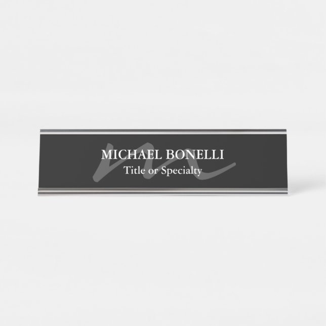 Trendy modern monogram initial professional black desk name plate (Front)
