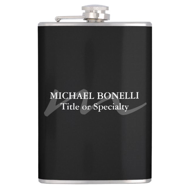 Trendy modern monogram initial professional black hip flask (Front)