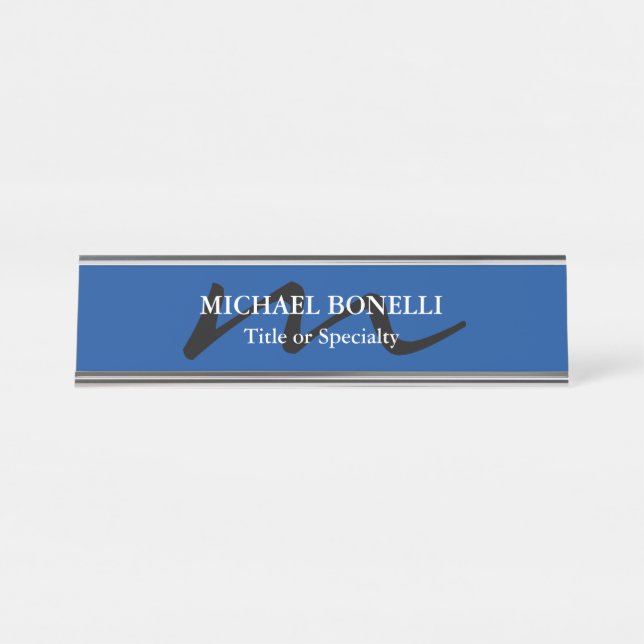 Trendy modern monogram initial professional blue desk name plate (Front)
