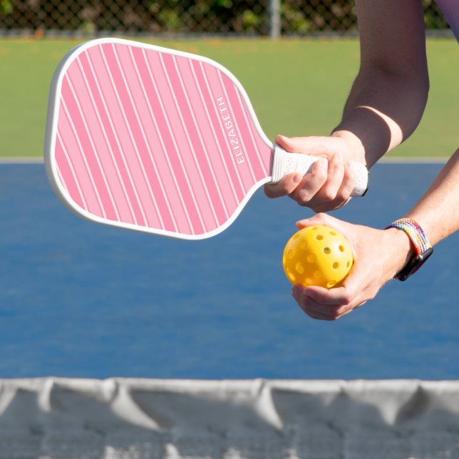 Trendy Modern Monogram Name Pink Striped Pickleball Paddle (Insitu)