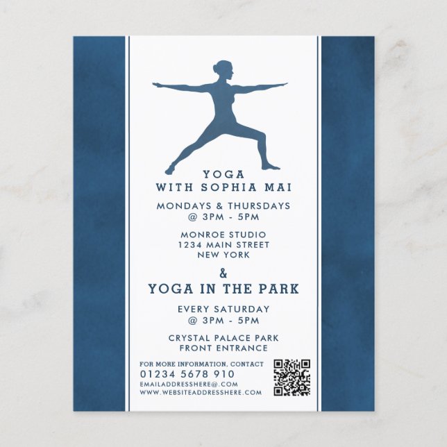 Trendy Modern Navy Blue Yoga Class Advertising Flyer (Front)