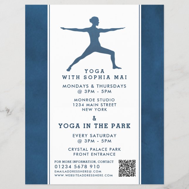 Trendy Modern Navy Blue Yoga Class Advertising Flyer (Front)