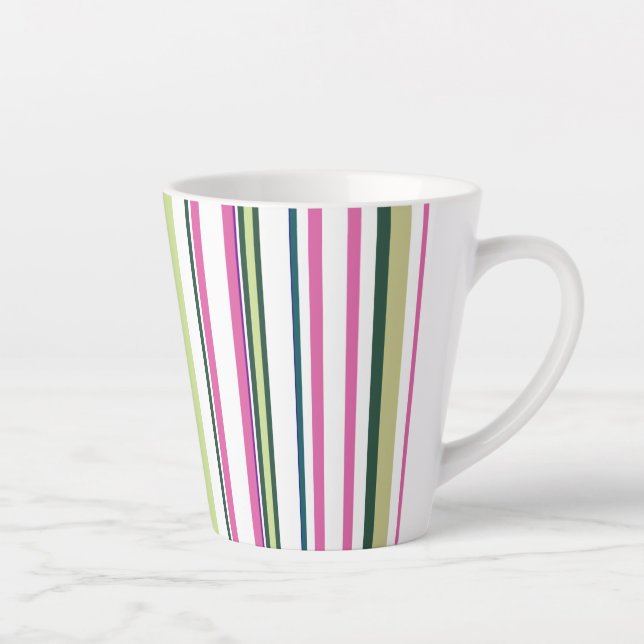 Trendy Modern New Pink Green White Stripes Latte Mug (Right)
