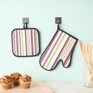 Trendy Modern New Pink Green White Stripes Oven Mitt & Pot Holder Set