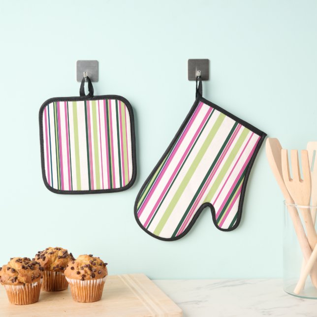 Trendy Modern New Pink Green White Stripes Oven Mitt & Pot Holder Set (Insitu(Hanging))