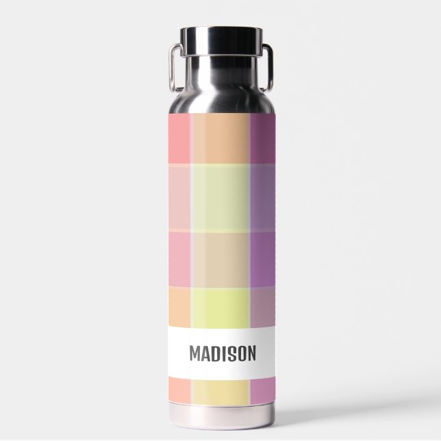 Trendy Modern Personalized Plaid Water Bottle (Front)