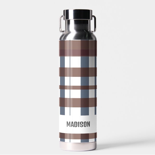 Trendy Modern Personalized Plaid Water Bottle (Front)