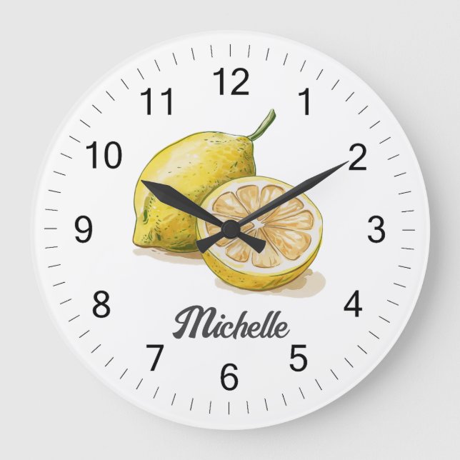 Trendy Modern Personalized Watercolor Yellow Lemon Large Clock (Front)