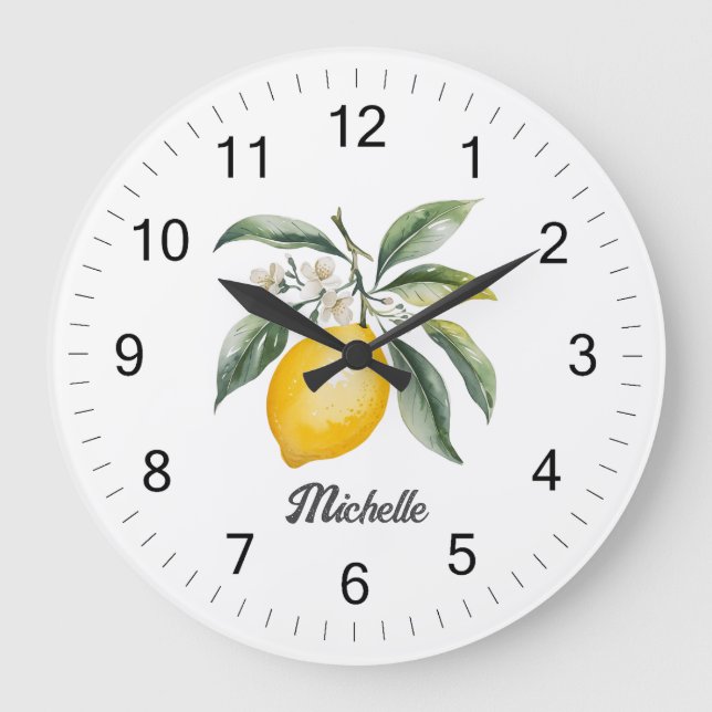 Trendy Modern Personalized Watercolor Yellow Lemon Large Clock (Front)