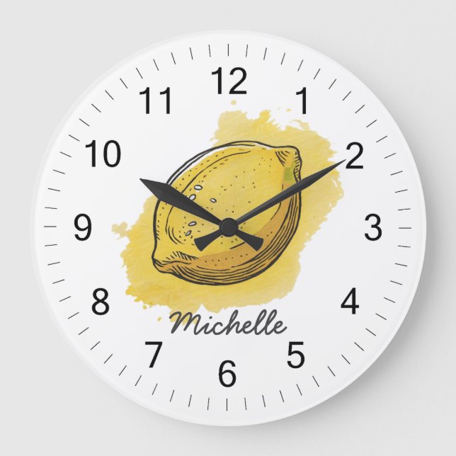 Trendy Modern Personalized Watercolor Yellow Lemon Large Clock (Front)