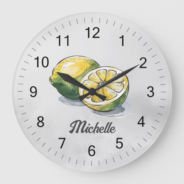 Trendy Modern Personalized Watercolor Yellow Lemon Large Clock (Front)