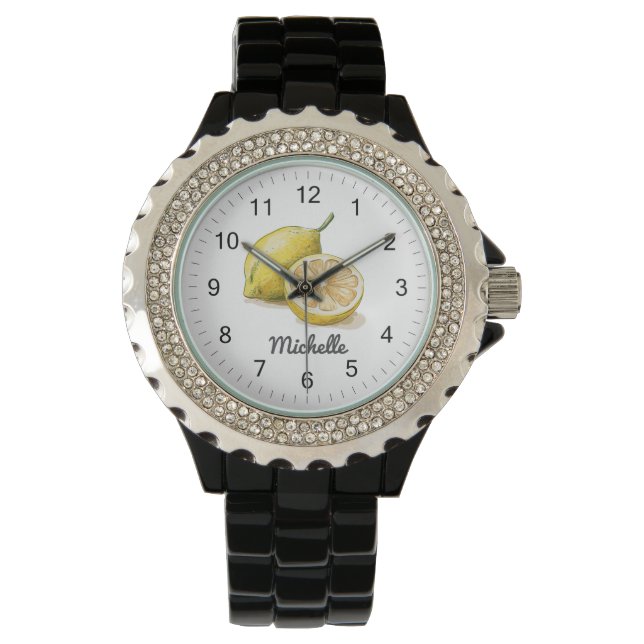 Trendy Modern Personalized Watercolor Yellow Lemon Watch (Front)