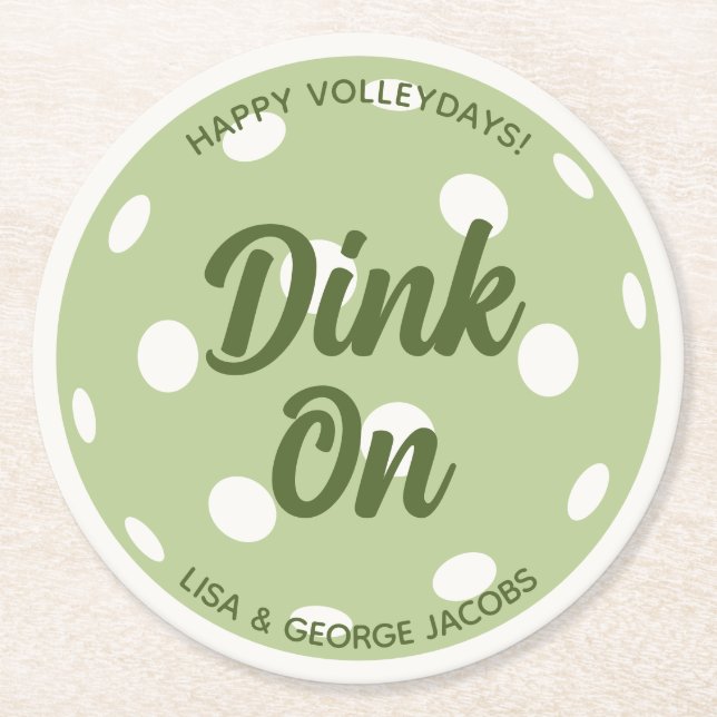 Trendy Modern Pickleball Green Christmas Holiday Round Paper Coaster (Front)