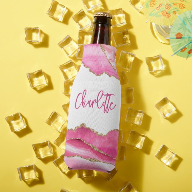 Trendy Modern Pink Agate Gold Glitter Personalized Bottle Cooler (In Situ Summer)