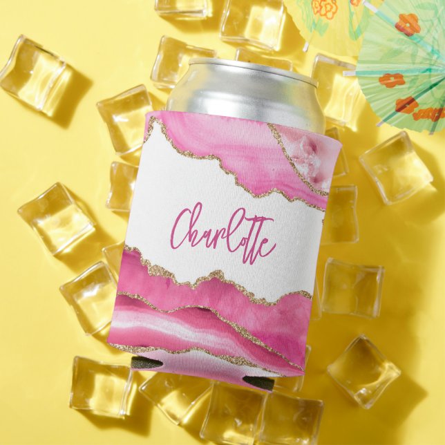 Trendy Modern Pink Agate Gold Glitter Personalized Can Cooler (In Situ Summer)