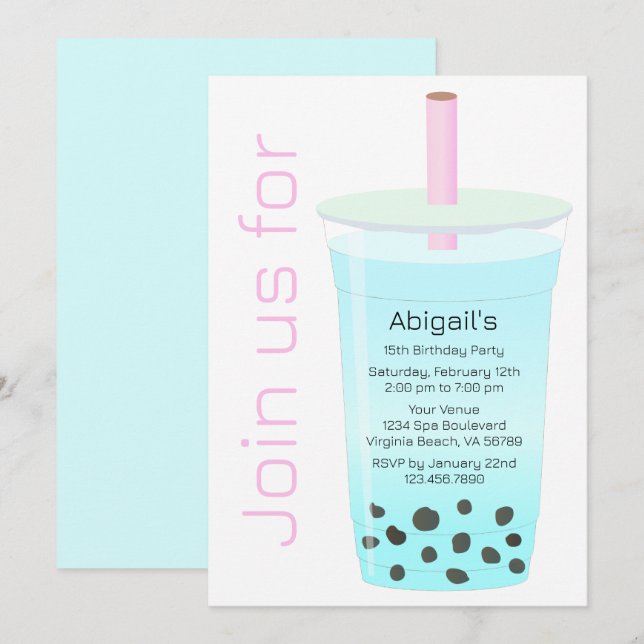 Trendy Modern Pink and Blue Boba Tea Birthday Invitation (Front/Back)