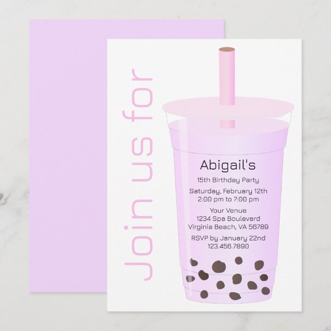 Trendy Modern Pink and Lavender Boba Tea Birthday Invitation (Front/Back)