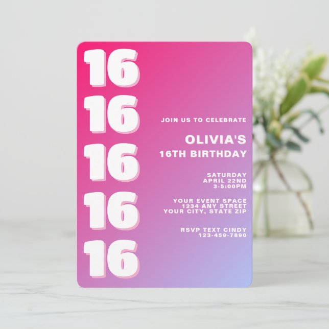 Trendy Modern Pink Gradient 16th Birthday Invitation (Standing Front)