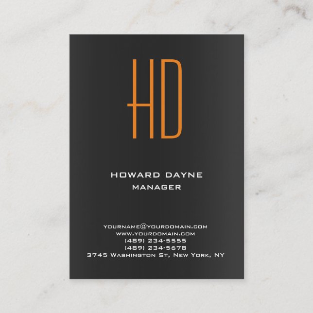 Trendy modern plain black grey orange monogram business card (Front)