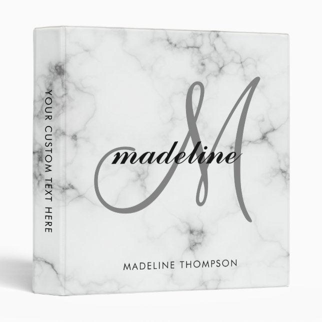 Trendy Modern Silver Gray Marble Script Monogram 3 Binder (Front/Spine)