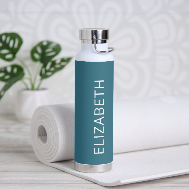Trendy Modern Simple Personalized Name Teal Blue Water Bottle (Yoga)