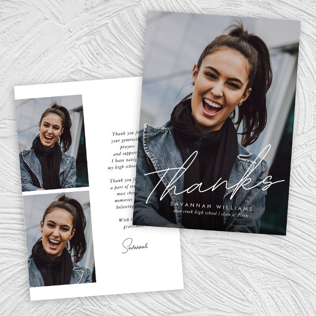 Trendy Modern Simple Script Three Photo Graduation Thank You Card (Creator Uploaded)