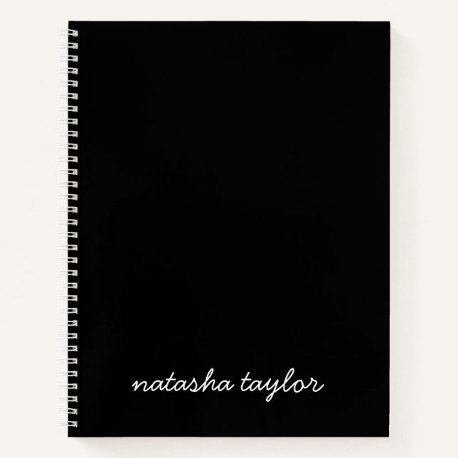 Trendy Modern Solid Black Script Monogram Name Notebook (Front)