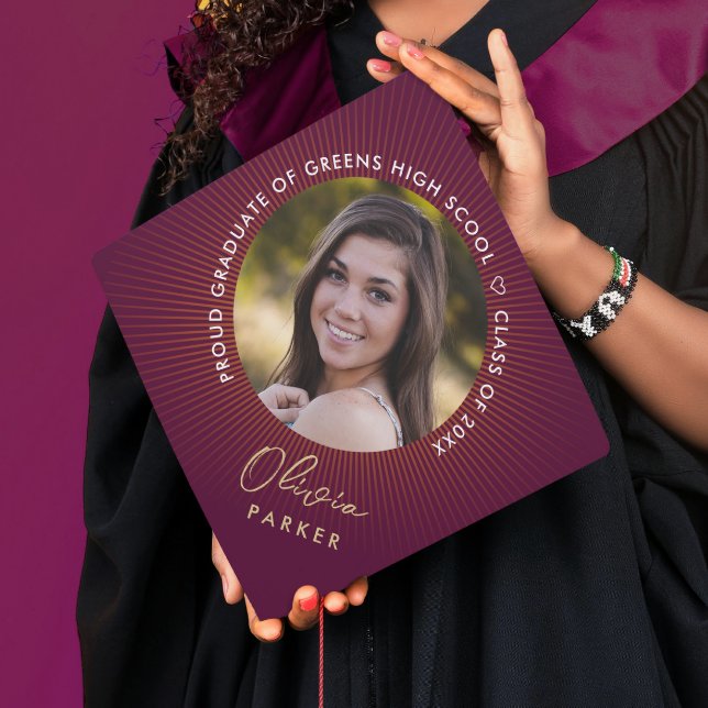 Trendy Modern Stylish Burgundy Photo Class Of Graduation Cap Topper (Creator Uploaded)