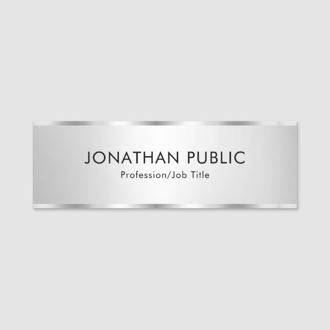 Trendy Modern Template Faux Silver Customizable Name Tag (Front)