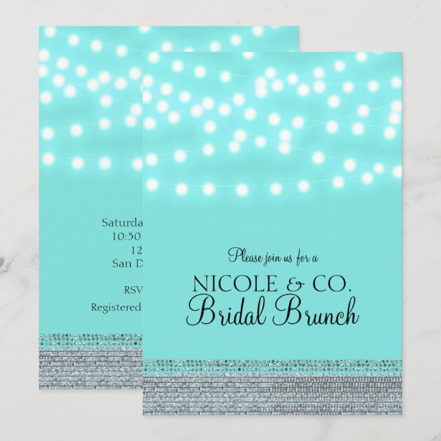 Trendy Modern Turquoise Blue String Lights & Bling Invitation (Front/Back)