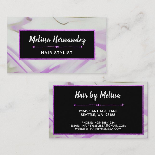Trendy Modern Violet Purple Marble Hand Lettered Business Card (Front/Back)