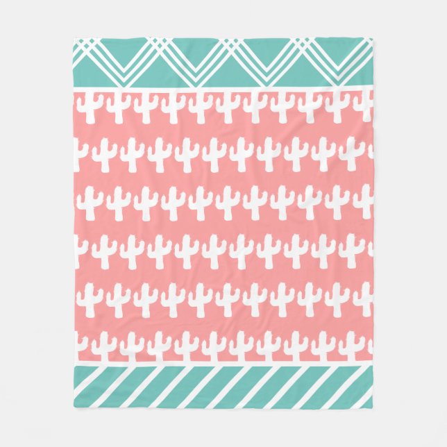 Trendy Modern White Cactus Silhouettes Teal & Pink Fleece Blanket (Front)