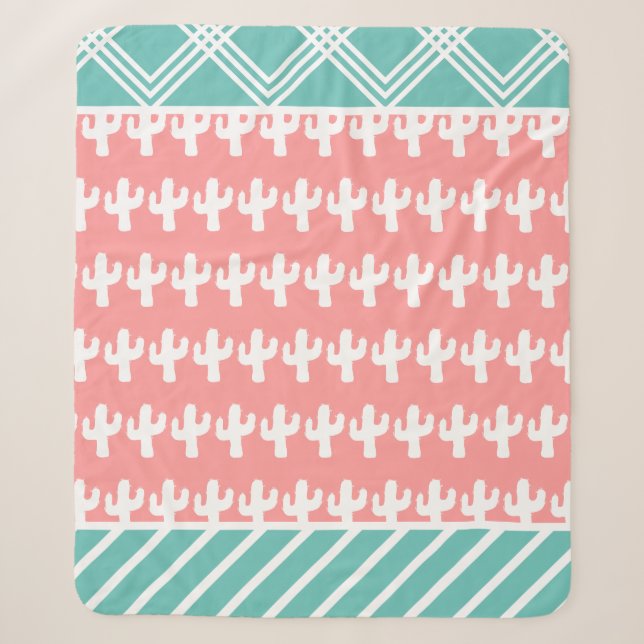 Trendy Modern White Cactus Silhouettes Teal & Pink Sherpa Blanket (Front)
