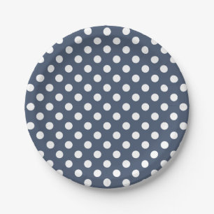 Trendy Modern White Polka Dots on Blue Jeans Blue Paper Plate