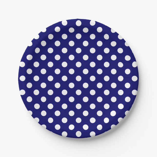 Trendy Modern White Polka Dots on Dark Navy Blue Paper Plate (Front)