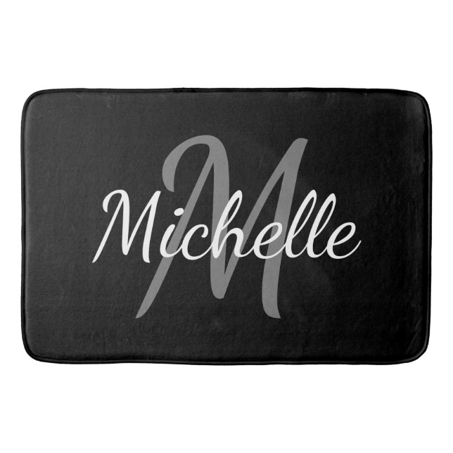 Trendy Monochrome Black and White Monogram  Bath Mat (Front)