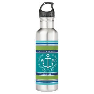 Trendy Monogram Anchor Laurel Wreath Stripes Aqua 710 Ml Water Bottle