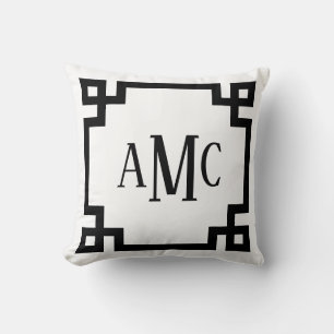 Trendy Monogram Black and White Greek Key Border Throw Pillow