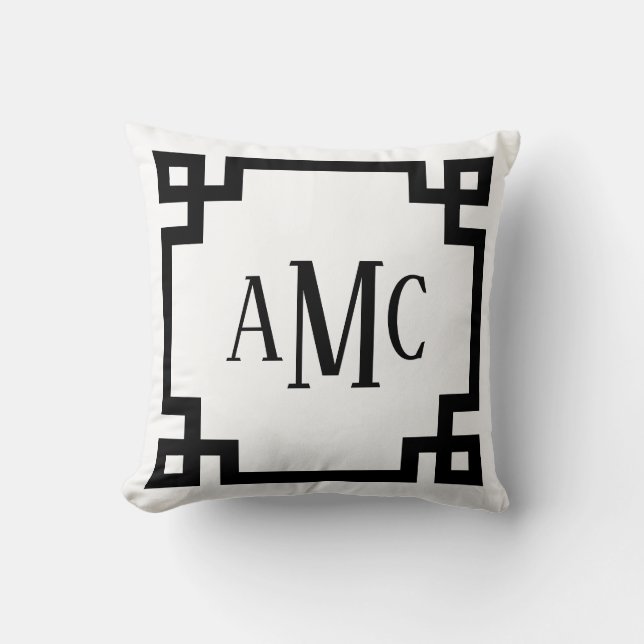 Trendy Monogram Black and White Greek Key Border Throw Pillow (Front)