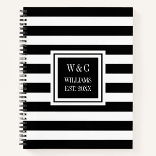 Trendy Monogram Black Stripe Family Name Notebook