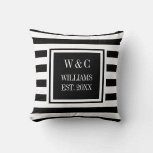 Trendy Monogram Black White Stripe Throw Pillow
