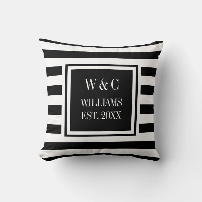 Trendy Monogram Black White Stripe Throw Pillow (Front)