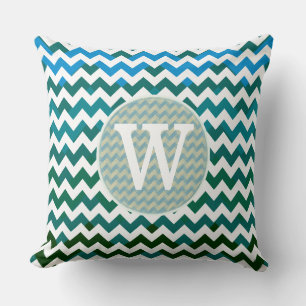 trendy monogram bluish chevron stripes throw pillow